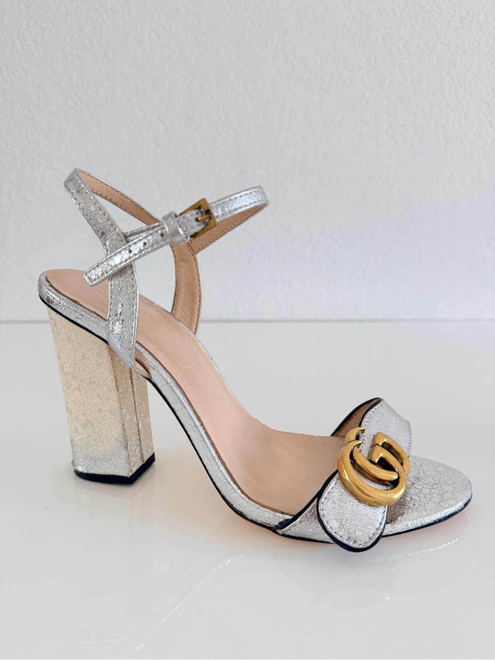 Gucci Silver Metallic GG Logo Block Heel Sandals with Gold Accent
